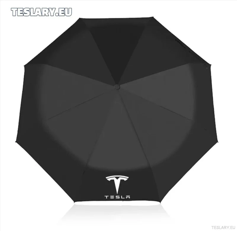 Svart vind- och regntåligt paraply med Tesla-logotyp