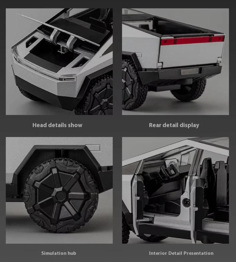 1:32 Tesla Cybertruck-stil leksakslastbil i terränggående formgjuten metall med ljus och dragkrok för barn eller vuxna