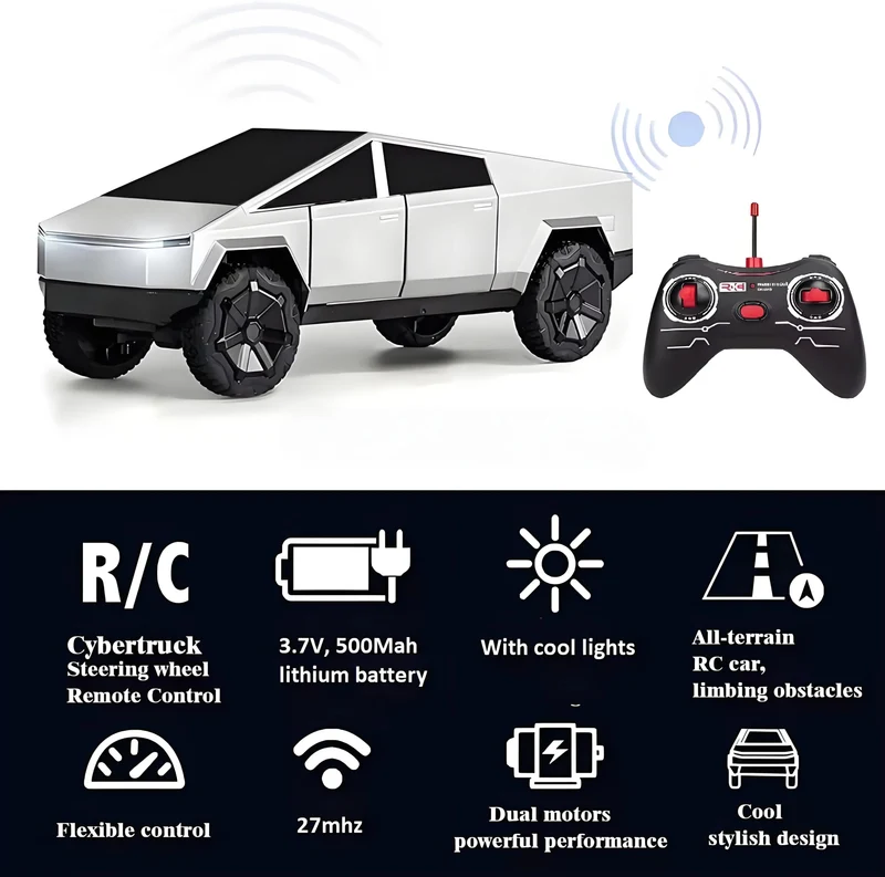 1:12 Cool Cybertruck RC Pickup - 4WD Dubbelmotor Höghastighets All-Terrain 27MHz RC Bil med LED-lampor - Barnpresentleksak