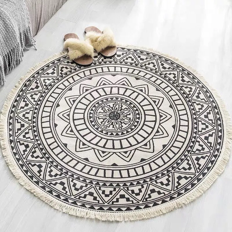Rundt Boho Tæppe i Bomuld med Geometrisk Mønster