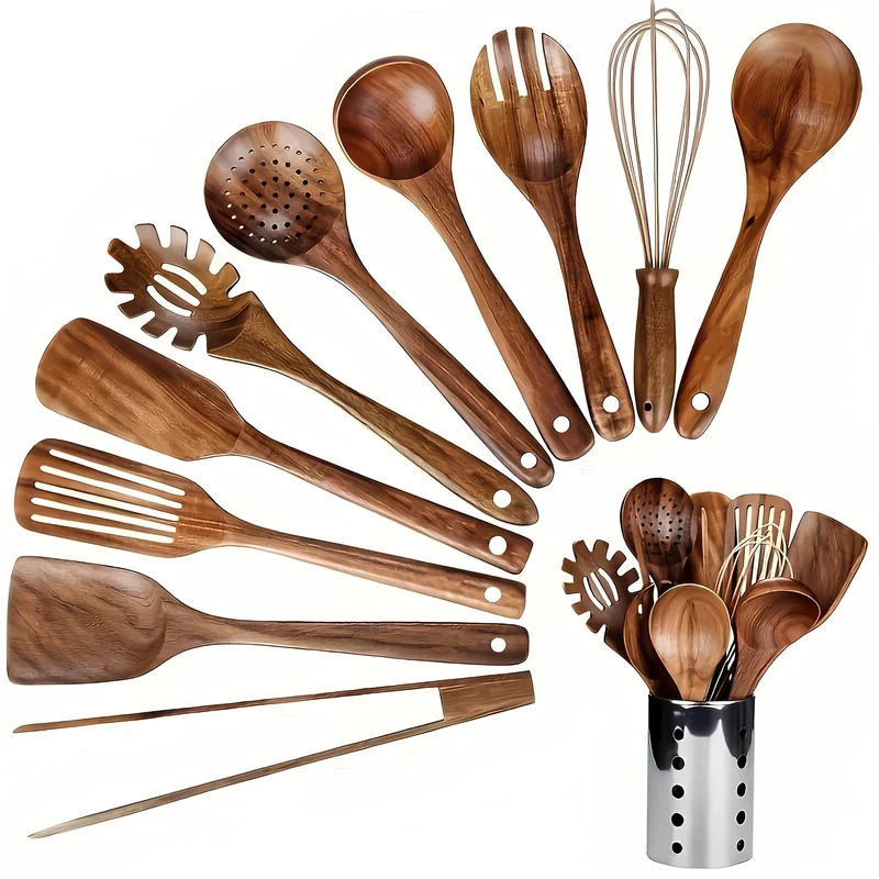10-dele Teak Køkkenredskabssæt med Holder – Naturlig Elegance
