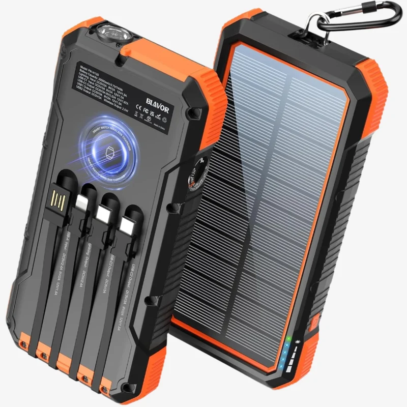 Solcelledrevet Powerbank med Trådløs Opladning og LED Lommelygte