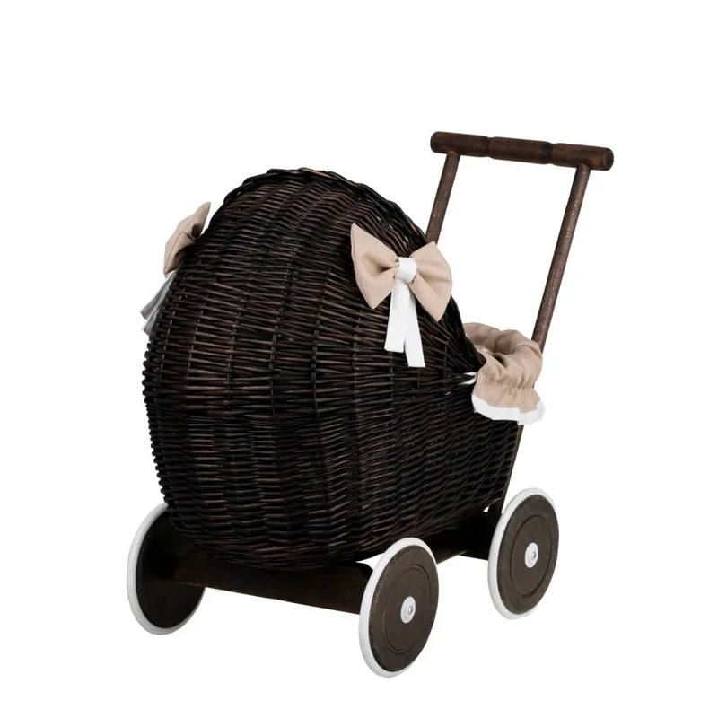 Lili dockvagn i mörk rotting – beige bäddset