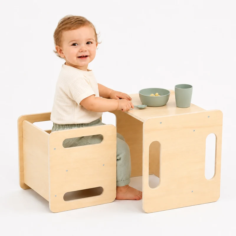 3-in-1 Montessori Kindertisch mit Stuhl aus Bambus