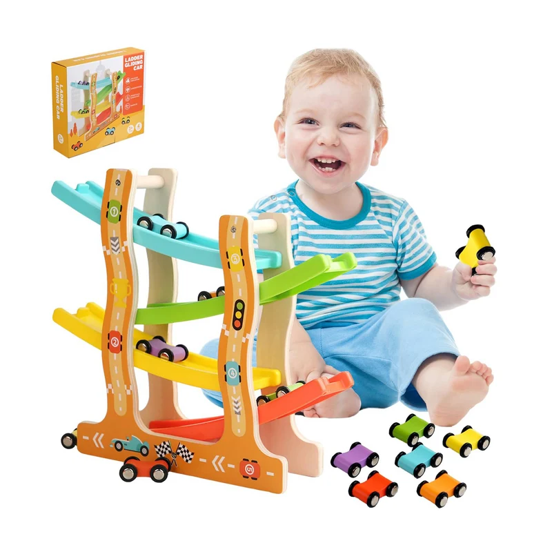 Montessori Autorennbahn Holz – Bunte Rutschbahn (6 Autos)