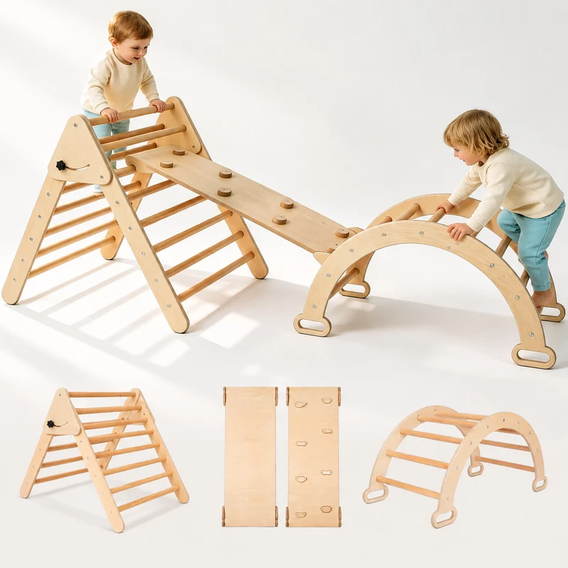 4-in-1 Kletterset aus Holz: Kletterdreieck, Kletterbogen & Rampe