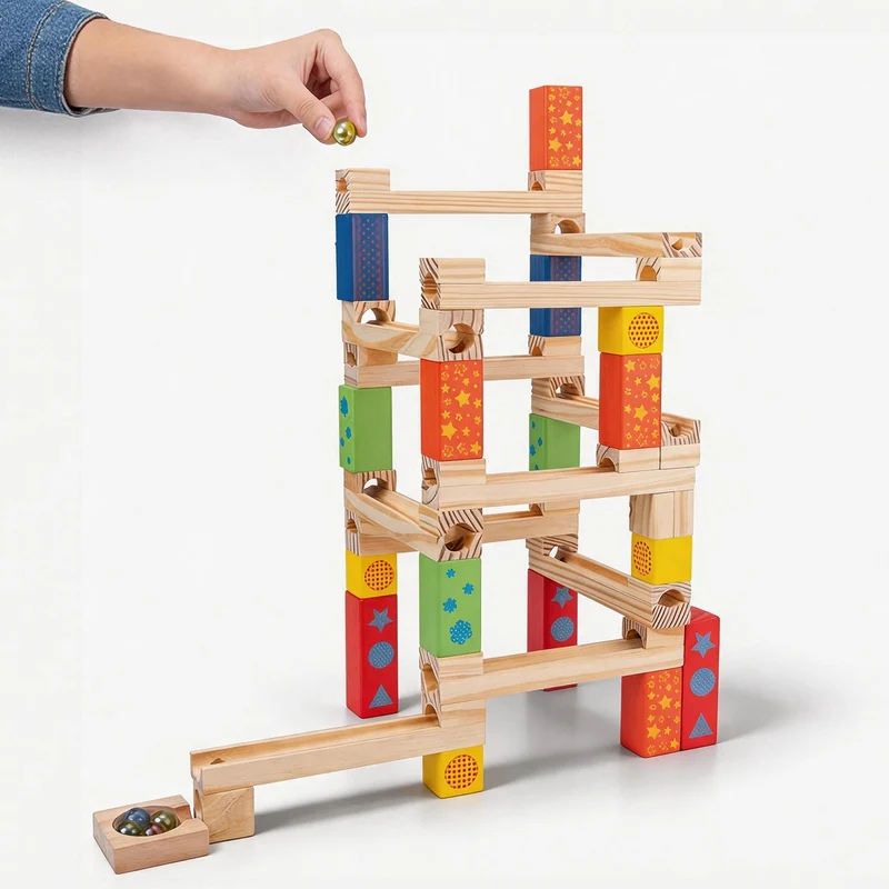 Montessori Murmelbahn Holz 52 Teile – buntes Kugelbahn-Bauset für Kinder