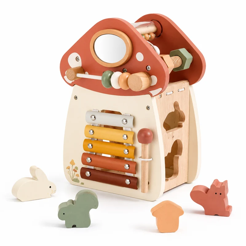 Montessori Motorikhaus aus Holz mit Xylophon & Steckspiel