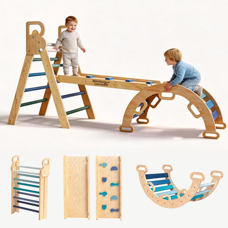 Montessori Kletterset Holz – Klappbares Dreieck & Bogenrampe