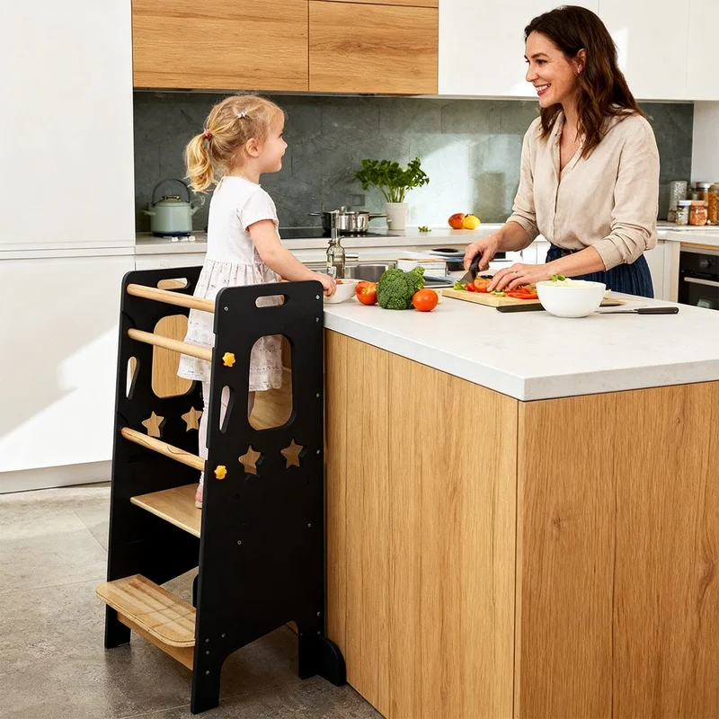 Lernturm Kinder Holz höhenverstellbar – Montessori Learning Tower Küche stabil & sicher