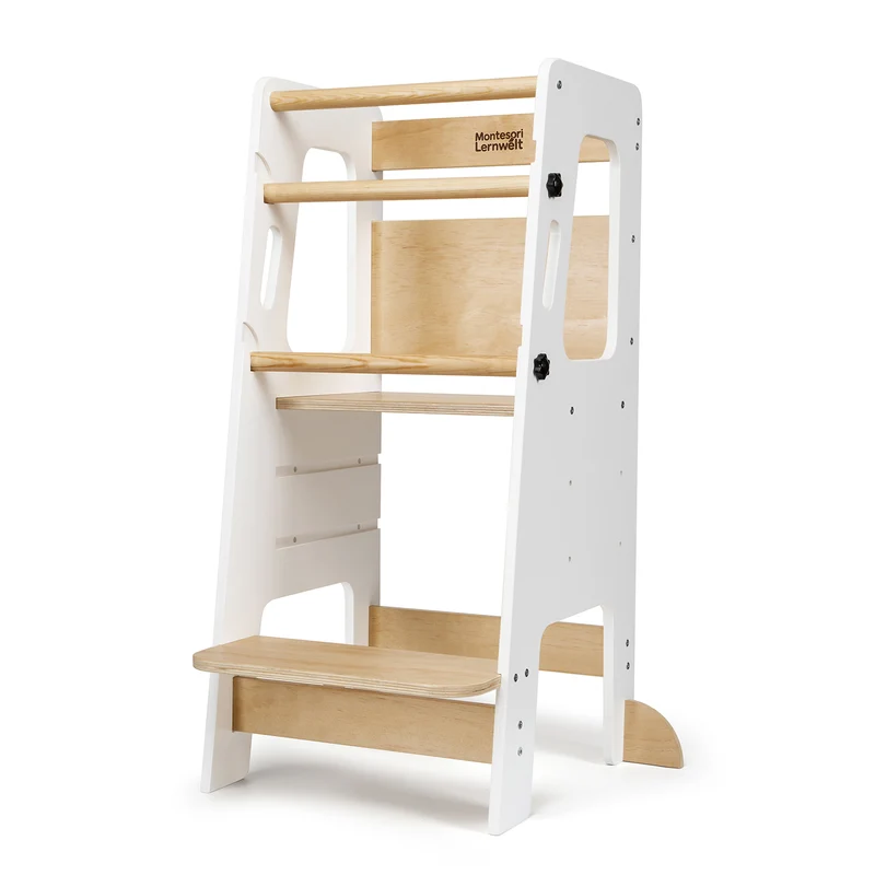 Montessori Lernturm Massivholz Klassik – Weiß oder Grau