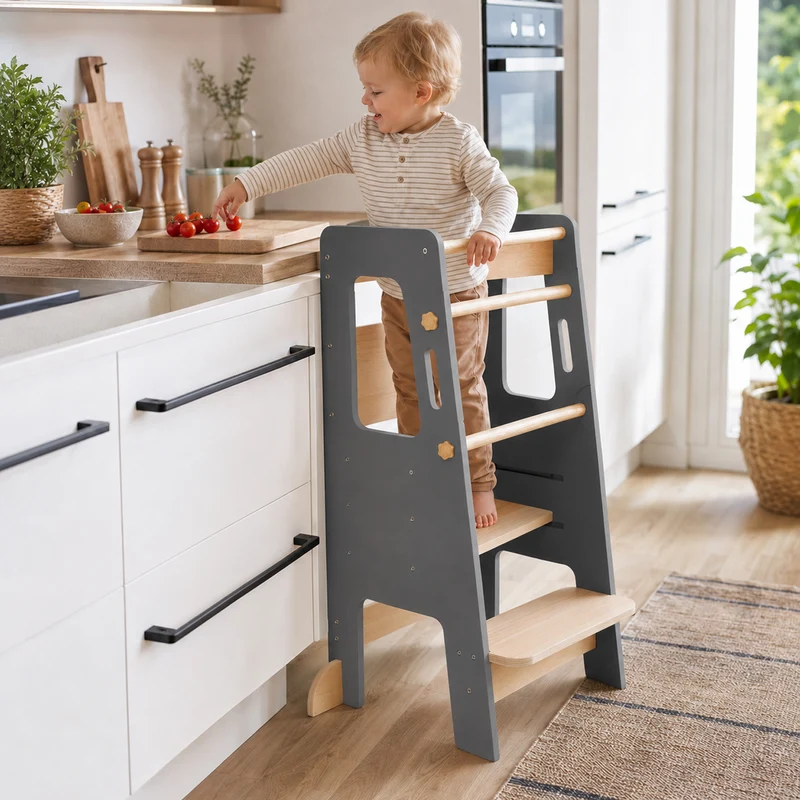 Montessori Lernturm Massivholz Klassik – Grau