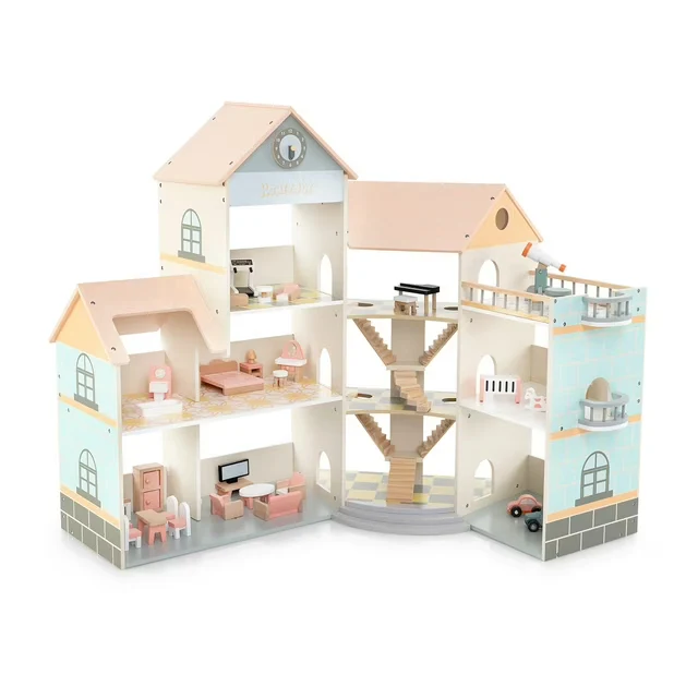 Großes Puppenhaus Holz – Eckhaus mit Treppen & 3 Etagen-XXXL