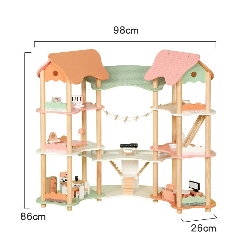 Großes Puppenhaus Holz – Spielwelt mit Brücke & 3 Etagen