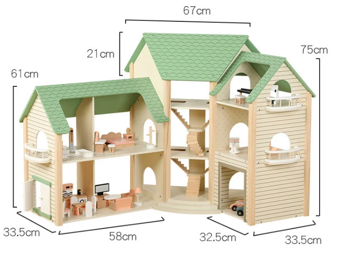 Montessori Puppenhaus aus Holz – Erweiterbare Spielvilla mit 3 Häusern & Möbeln