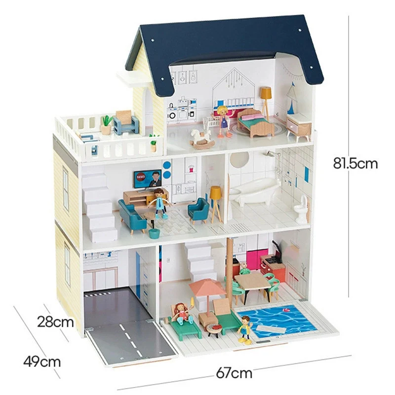 Montessori Puppenhaus aus Holz – 3 Etagen Villa mit Garage & Möbeln (XXL)