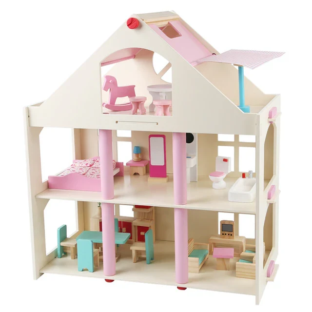 Montessori Puppenhaus aus Holz – 3 Etagen Villa mit Möbeln (Großformat)