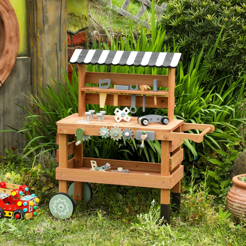 Große Kinder Werkbank aus Holz – Garten Werkzeugtisch mit Rädern & Zubehör (75 cm)