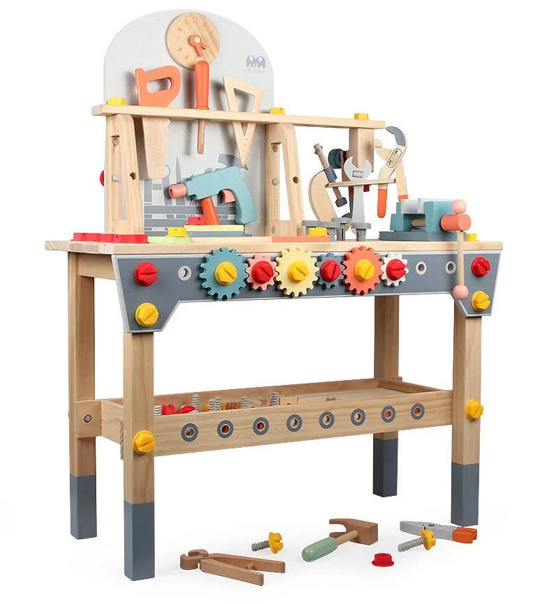 Große Kinder Werkbank aus Holz – 68cm Werkzeugtisch mit Zahnrädern & Schraubsystem