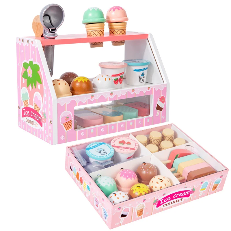 Montessori Eiswagen Spielset aus Holz – Kinder Eisstand & Rollenspiel Spielzeug
