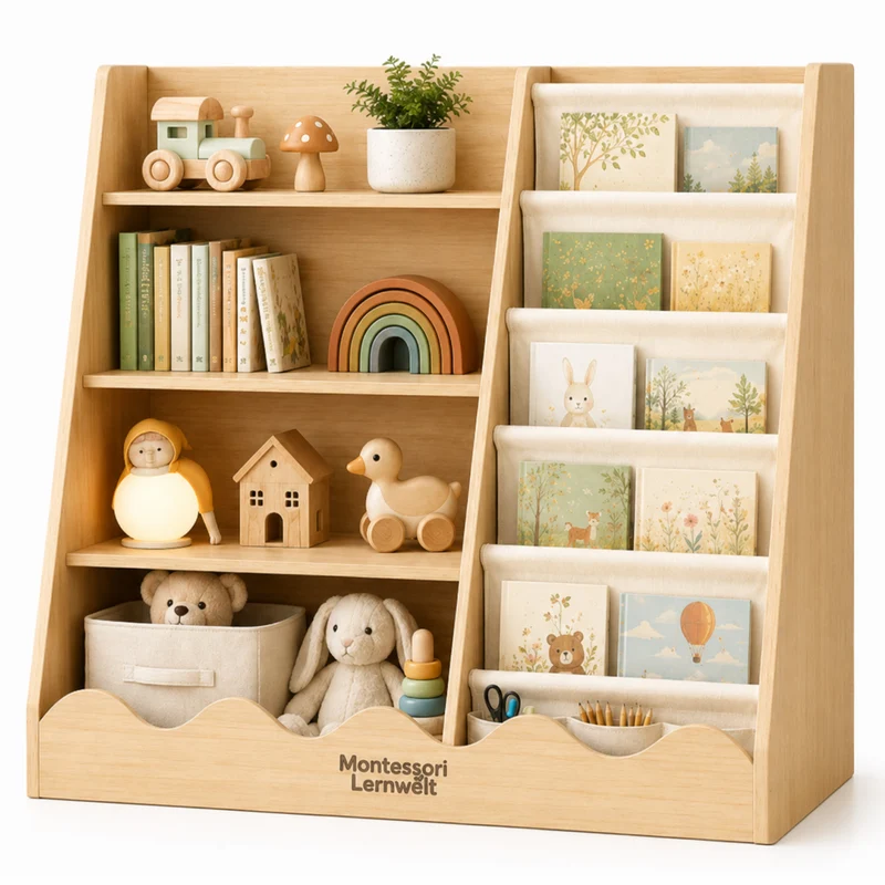 Montessori Kinderregal für Bücher & Spielzeug – 4 Ebenen mit Stauraum