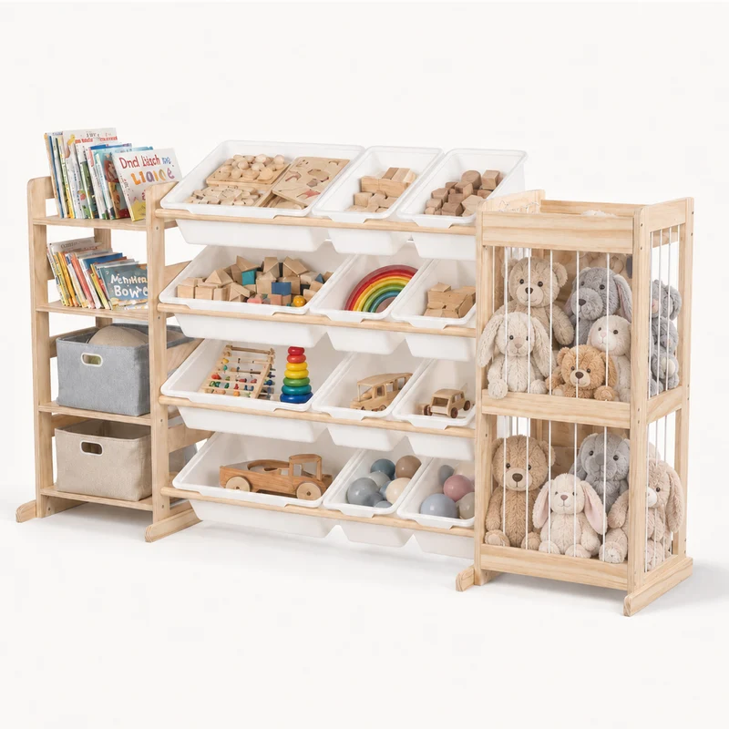 4-Etagen Montessori Spielzeugregal – mit Boxen, Bücherablage & Netz