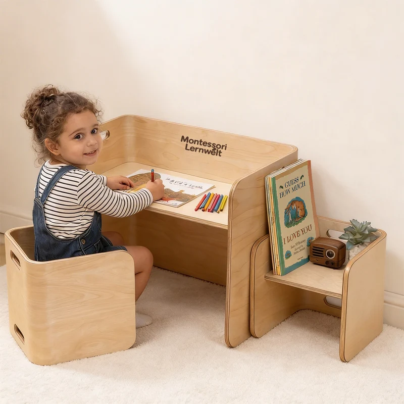 Montessori Kindertisch & Stuhl Set – Multifunktionales Lernmöbel aus Holz