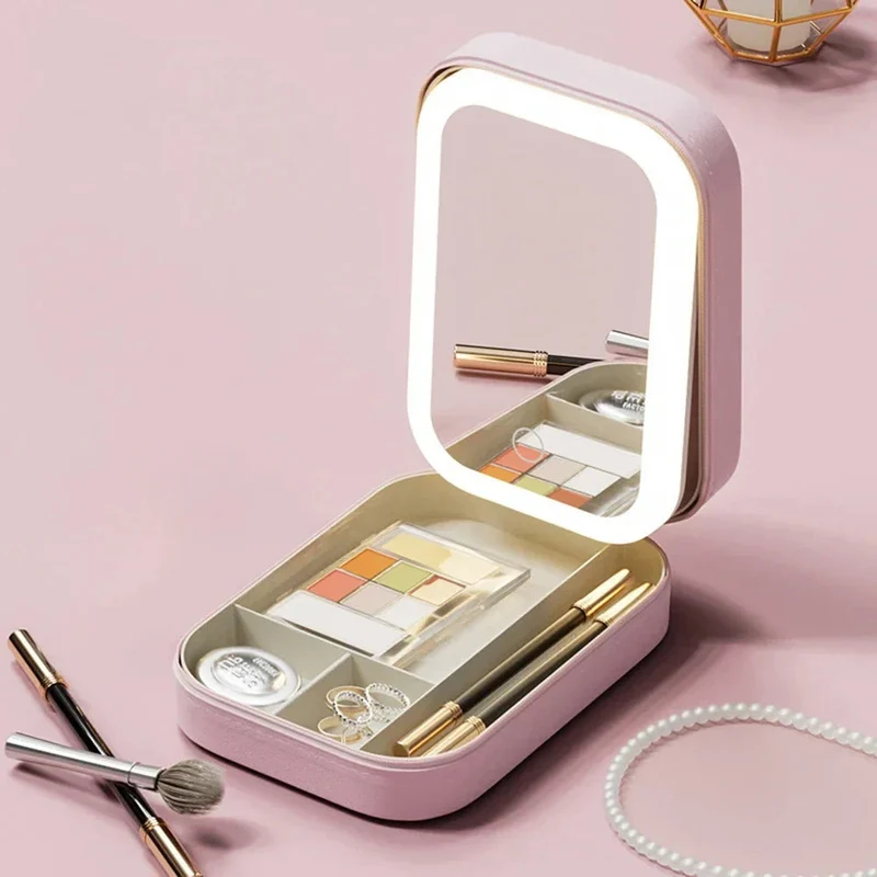 Justerbart Makeup Spejl med LED Lys i Kompakt PU Læder Etui
