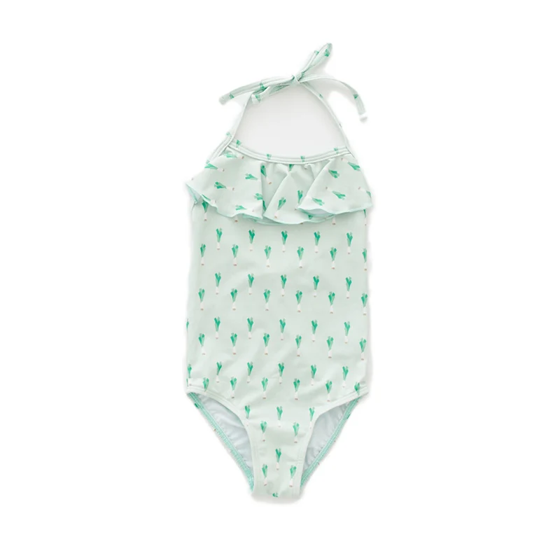 Oeuf Ruffle Halter Swimsuit Leek Print