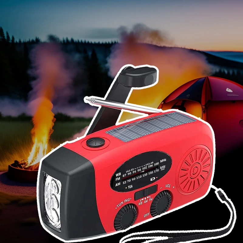 Nödradio FM/AM med inbyggda solceller, ficklampa, powerbank och vev