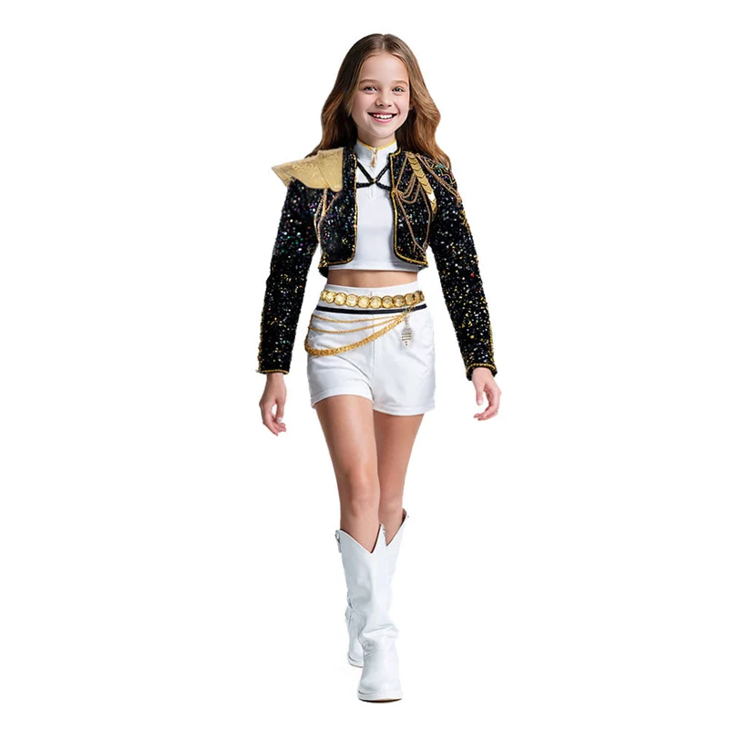 Guldglitrende Kpop Hunter Kostume med Pailletter