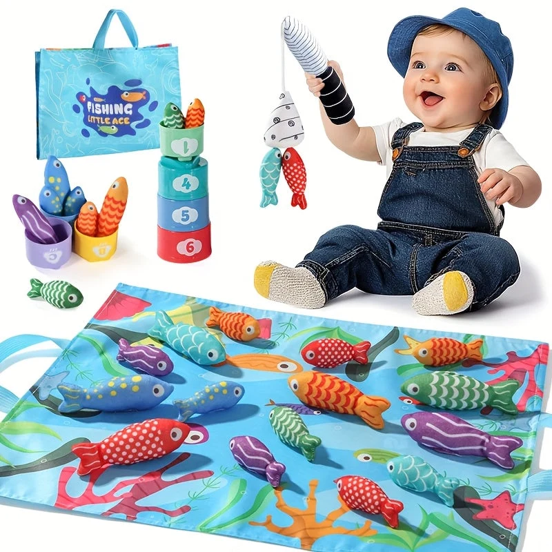 Sæt med Fiskespil i Stof til Børn – Stabelbare Krus og Plush Fisk