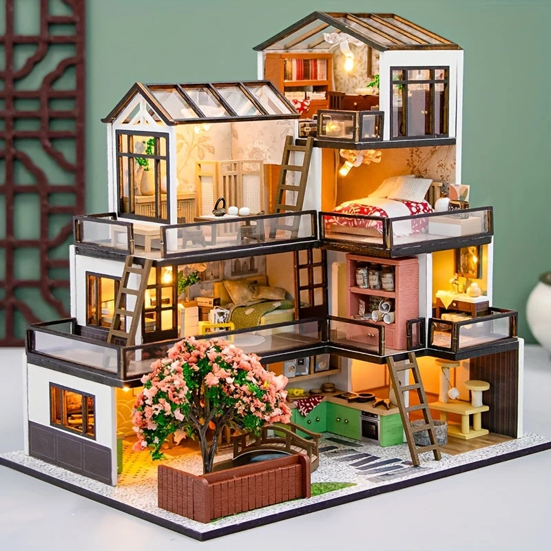 3D Miniature Villa Puslespil Sæt – Gør Det Selv med LED Belysning og Detaljerede Interiører