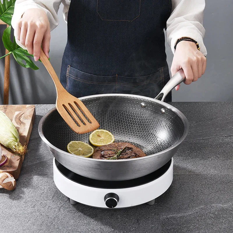 Rostfritt stål non-stick wokpanna för alla spisar med handtag