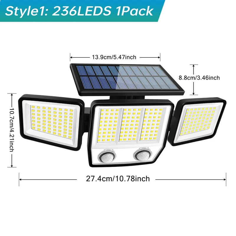 Solarlampa för utomhusbruk med rörelsesensor och 3 huvuden samt 270° vidvinkel vattentålig design