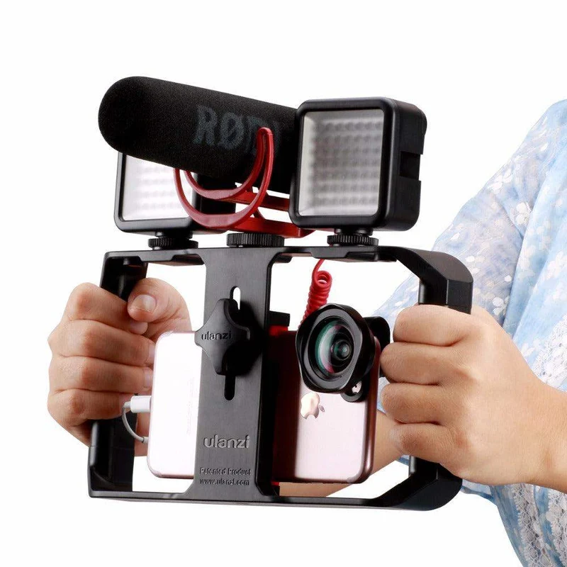 Smartphone Video Rig Stabilizer med Ljus – Smidig Filminspelning & Belysning för Mobil Filmning