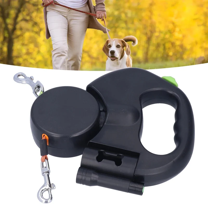 Retractable Dubbel Hundkoppel – Automatisk 1-Till-2 Husdjurskoppel med Ficklampa & Påse Dispenser