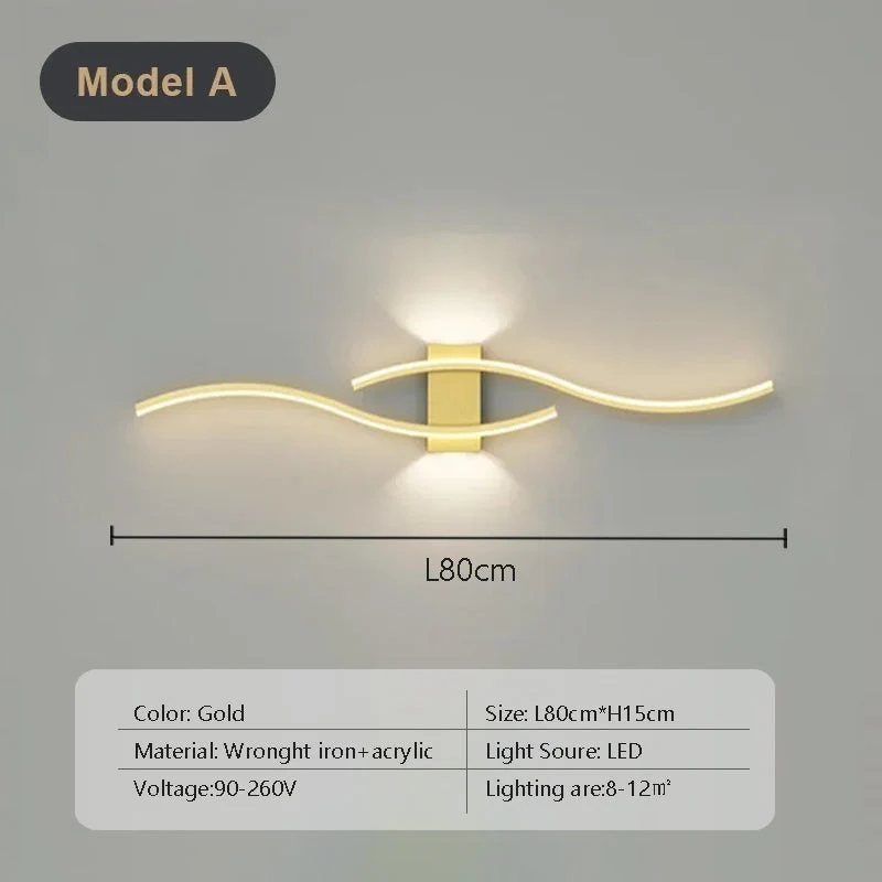 Modern LED Vägglampa med Fjärrkontroll – Dubbel Kurva Design i Svart och Guld för Stilfull Inomhus Väggbelysning