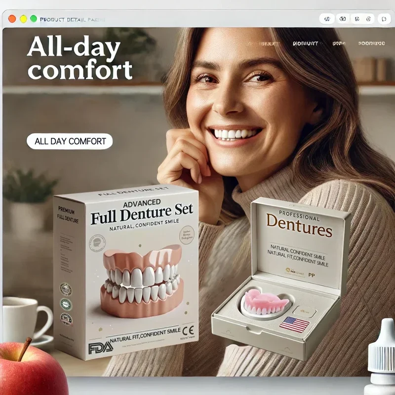 Fremstillet helprotesesæt | Over- & Underkæbe, sikker pasform, naturligt smil
