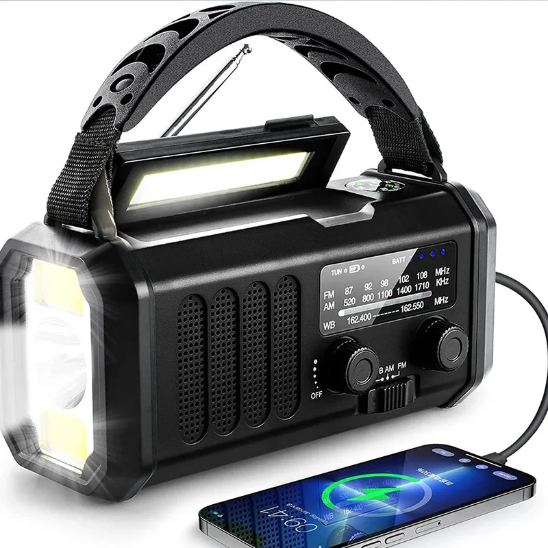 10000mAh Solcells Handvevad Nödradio med NOAA, Ficklampa och Powerbank