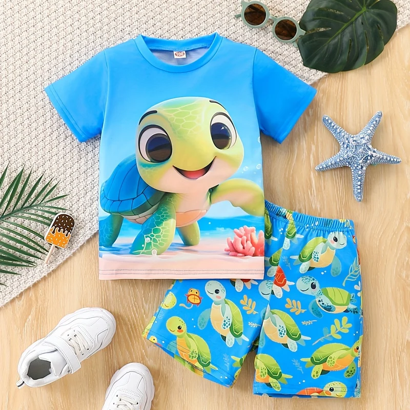 Sødt sommeroutfit med skildpaddedesign – T-shirt og shorts til børn