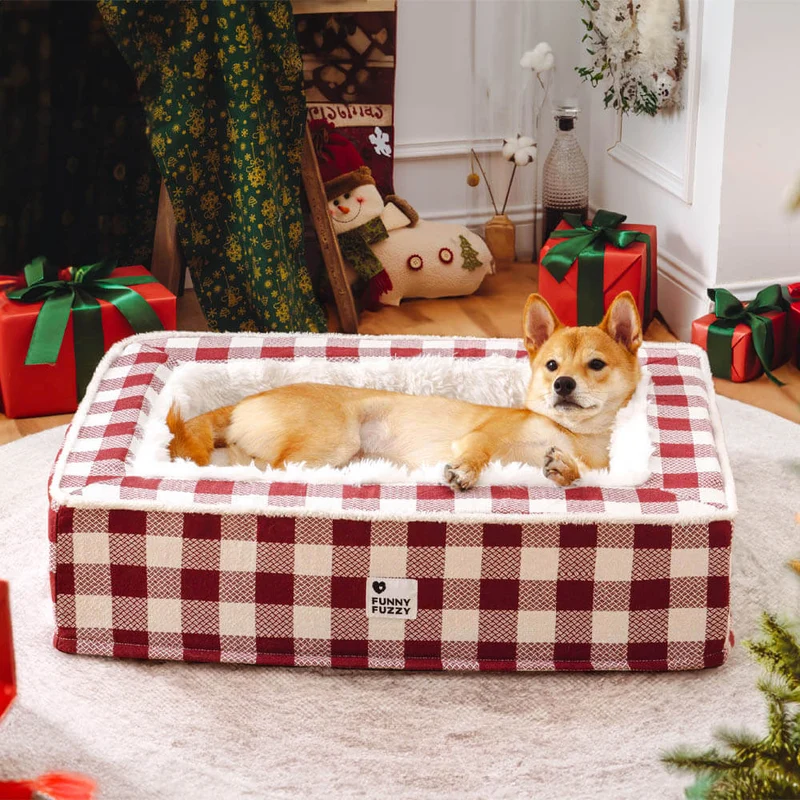 Vinterhundeseng i blødt ternet design - Skotsk seng til kolde dage