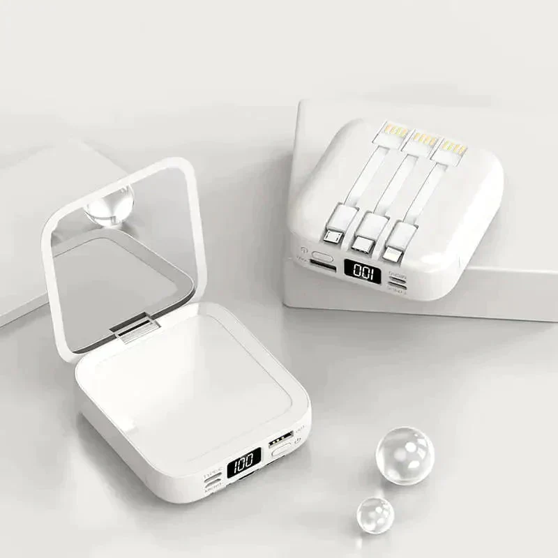 Elegant Power Bank med Spejl | Høj Kapacitet, LED Skærm, Hurtig USB-C Opladning