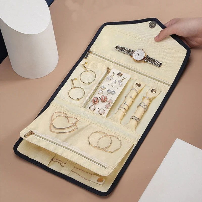 Foldbar smykketaske - Rul-ud organizer til halskæder, øreringe, armbånd, ringe, broscher og mere