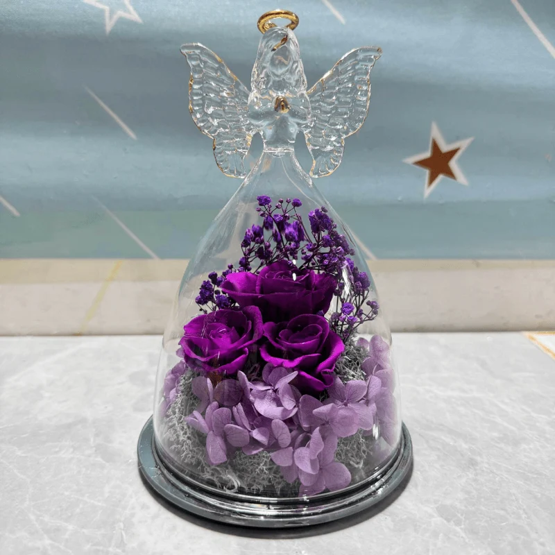 Evighedsrose i Glaskuppel med Engelfigur og LED Lys