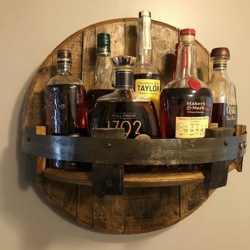 Rustik væghylde til whisky - ægte bourbon-tønde træ